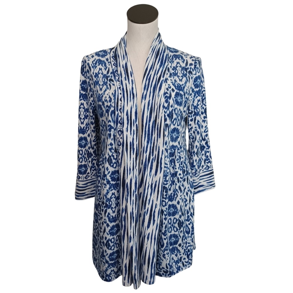 Dalia Cardigan Womens Medium Blue White Long Line Open Front Colorful Ikat Print